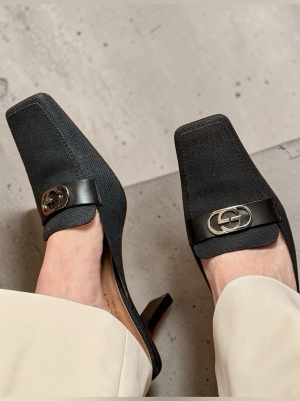 Auth Gucci Black square toe Loafer Mule kitten heel 7.5 vintage retro 90s y2k - Picture 10 of 12